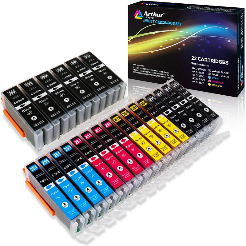 Arthur Imaging Compatible Ink Cartridge Replacement for Canon Pgi-250Xl CLI-251XL for Use with Pixma MX922 MG5520 (6 Large Black, 4 Small Black, 4 Cyan, 4 Yellow, 4 Magenta, 22-Pack) - Image 1